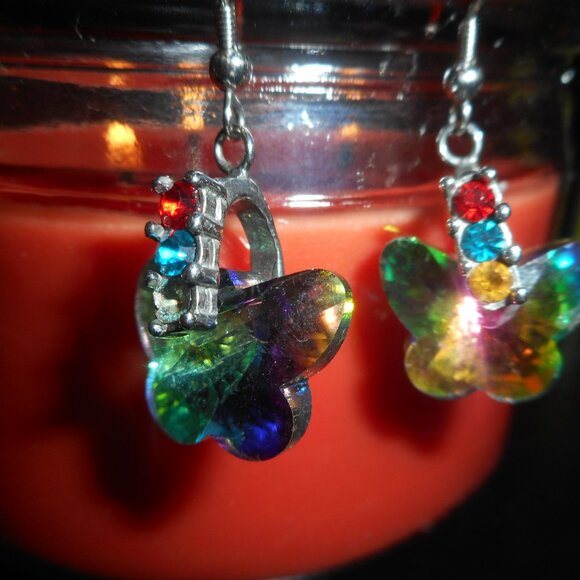 Jewelry - butterfly earrings; lots of prism colors, fish hook earwire, rhinestones ...